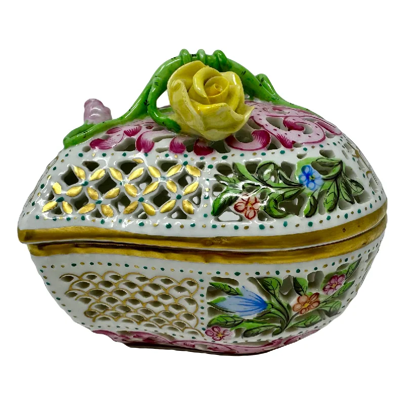 Hand Painted Reticulated Heart Shape Box with Lid