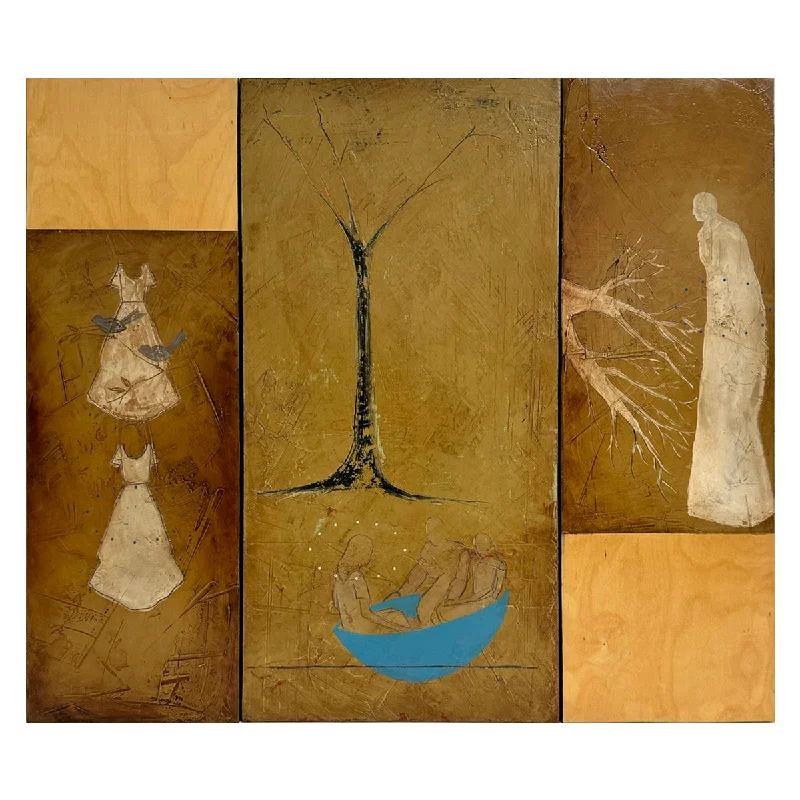 "Tree, Large Man and Two Dresses" Triptych Signed and Dated 2004