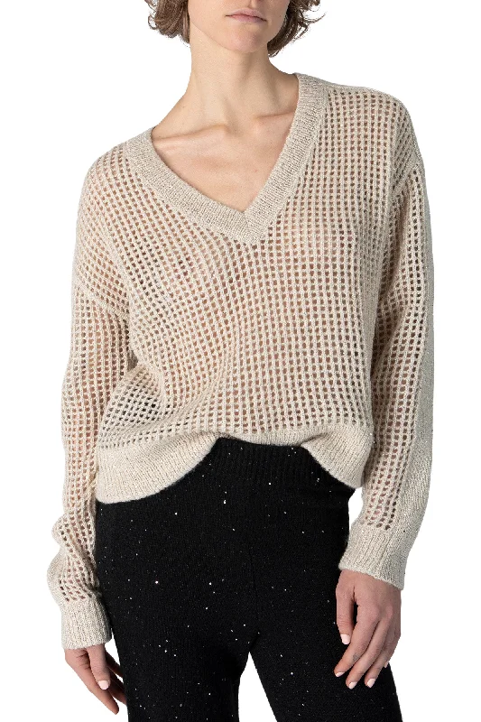 ATM Sequin Wool Blend Net Stitch Sweater in Chalk