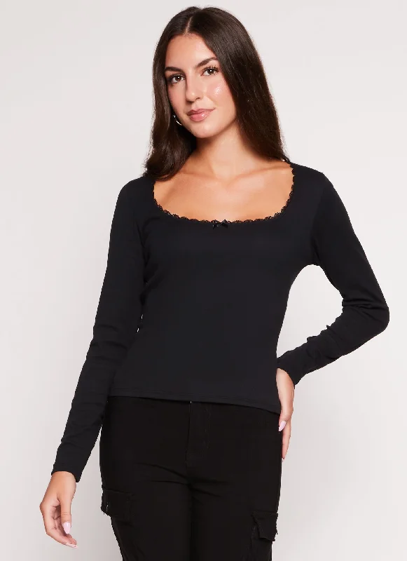 Lace Trim Scoop Neck Long Sleeve Top