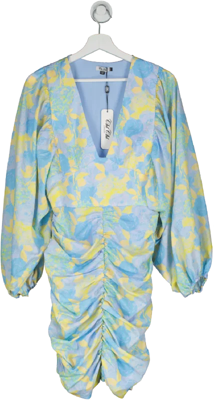 Chi Chi London Blue Ruched Long Sleeve Floral Print Mini Dress UK 12