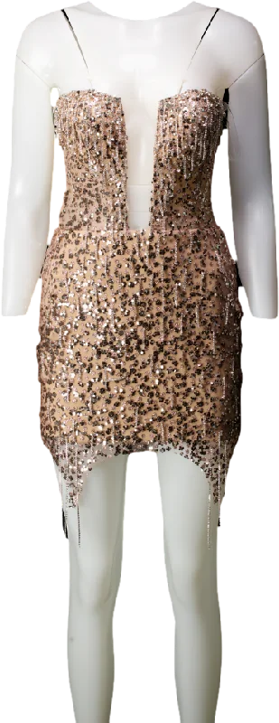 Milla Metallic Radiant Embellished Mini Dress In Gold With A Plunging Neckline UK XS