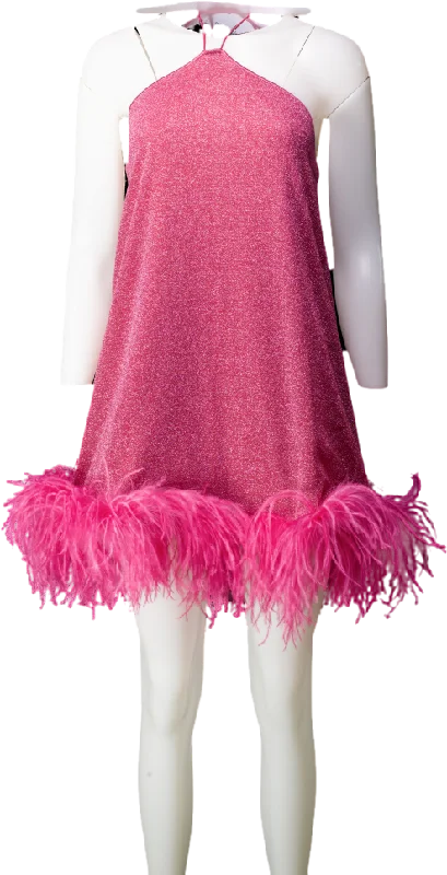 Oséree Pink Lumiere Feather Trimmed Metallic Stretch-knit Halter Mini Dress UK S