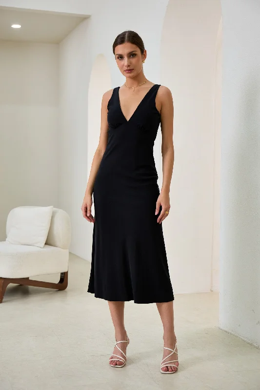 Aeisha Black Cupro Bias Midi Dress