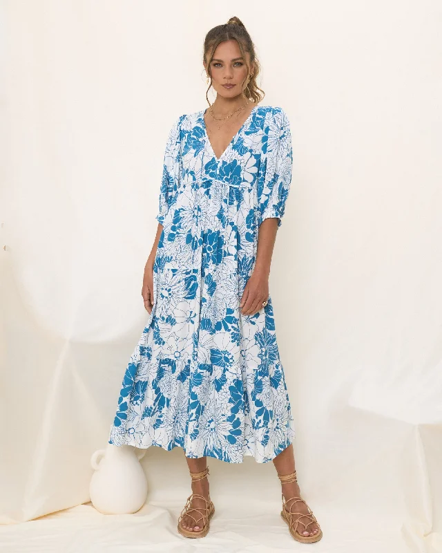 Cerulean Blue Floral Midi Dress