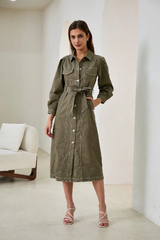 Cleo Khaki Green Button Down Belted Midi Dress