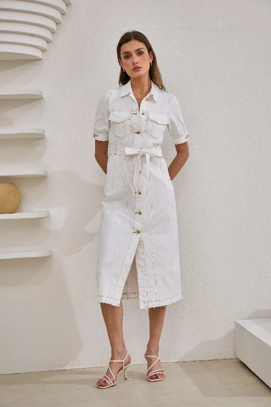 Coco White Button Down Belted Midi Dress