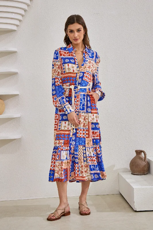 Cordelia Blue Abstract Patchwork Belted Midi Dress