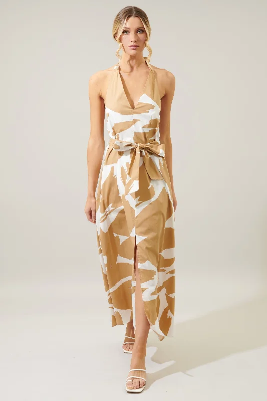 Hazel Abstract Backless Halter Low Tide Maxi Dress