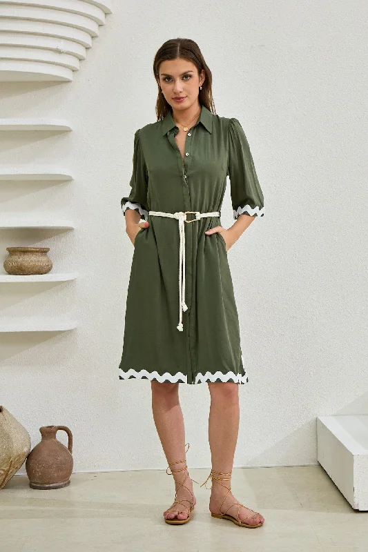 Keller Khaki Green Ric Rac Midi Dress