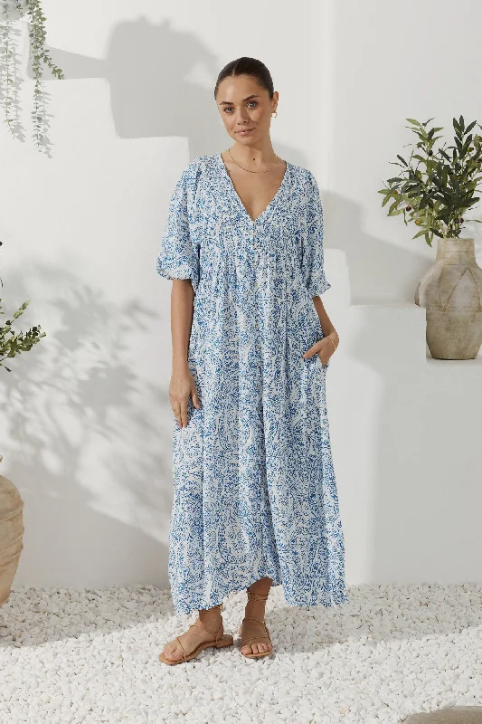 Skyra Blue Boho Button Down Midi Dress