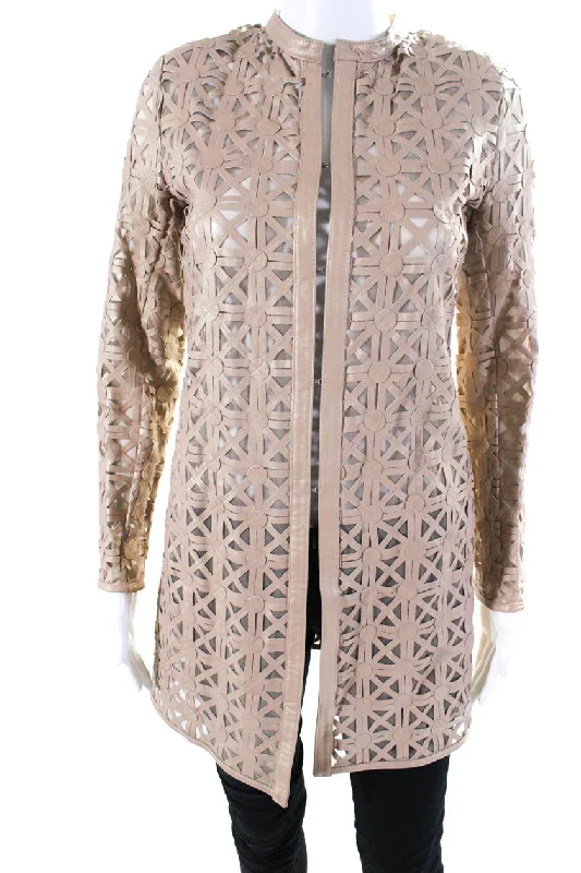 In Transit Womens Laser Cut Leather Hook & Eye Long Jacket Beige