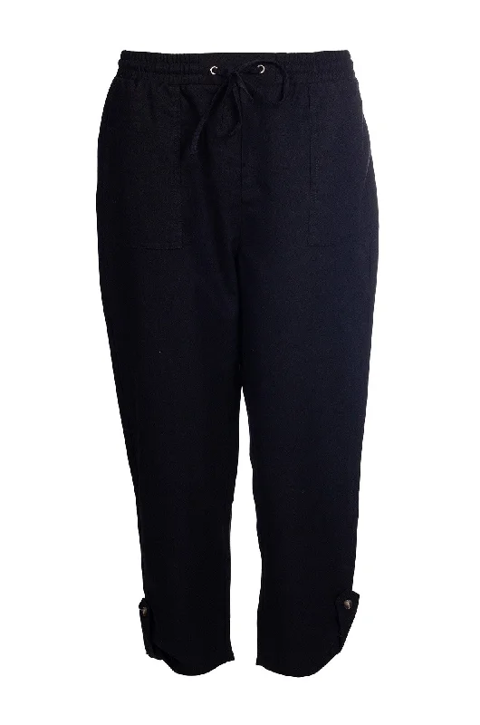 Cotton Linen Blend Mid Calf Pants | Black | 6782A1