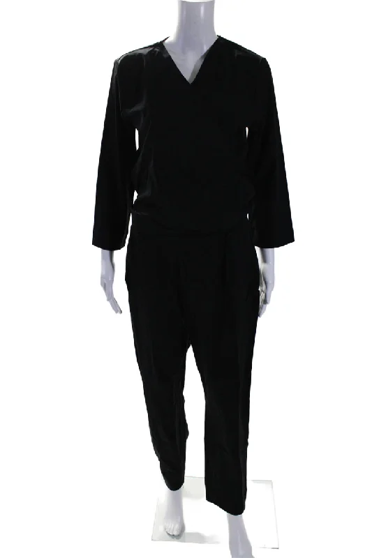 Aday Womens Stretch V-Neck Long Sleeve Destination Jumpsuit 1 Piece Black