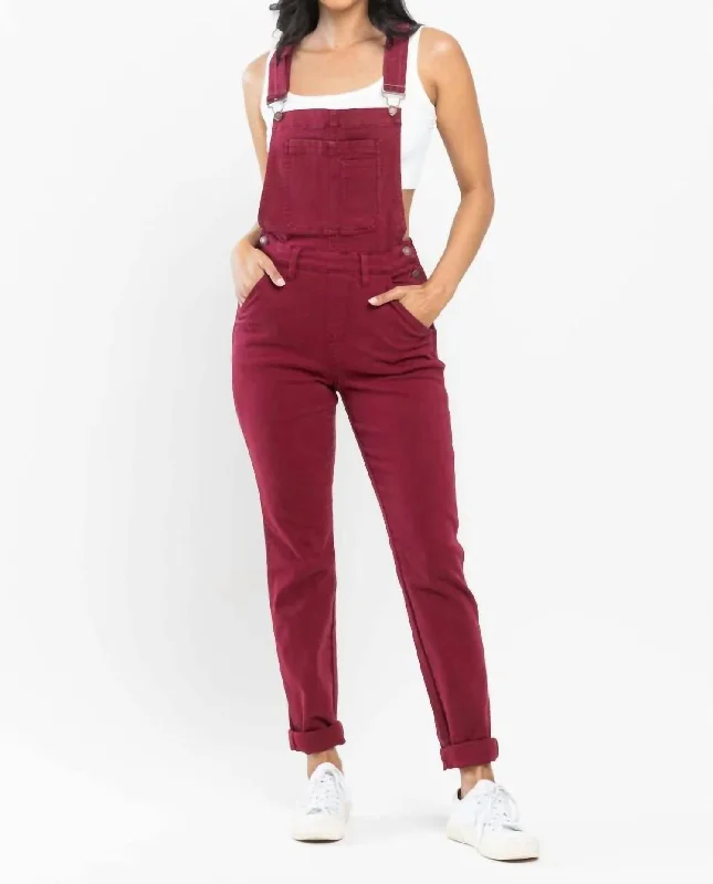 Double Cuff Boyfriend Overall Jumpsuit In Maroon