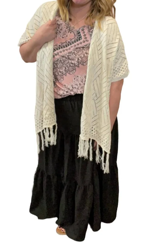 Fringed Crossed Shawl Cardigan In White