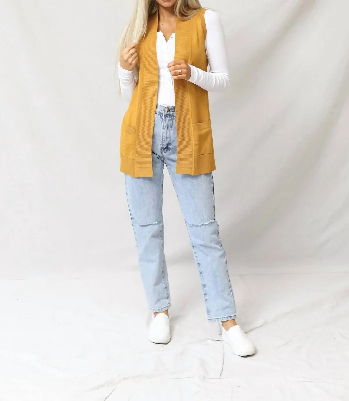 Gentry Open Front Sleeveless Cardigan In Mustard