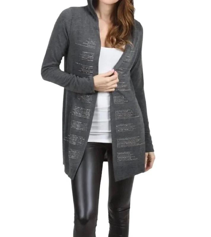 Hooded Cardigan With Stud Detail In Charcoal