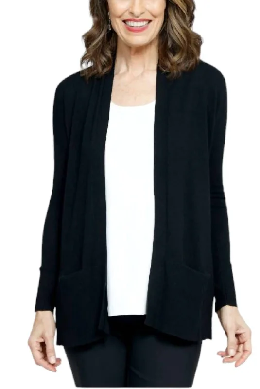 Long Sleeved Open Front Cardigan With Pockets In Black