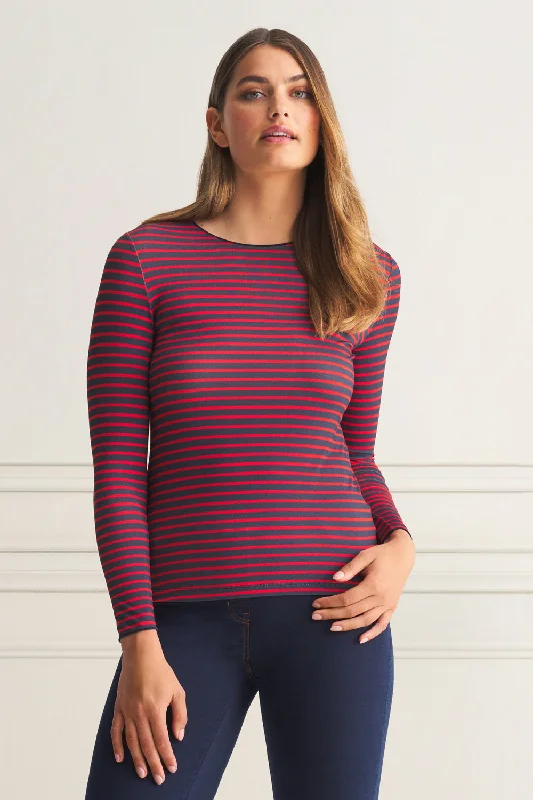 Long Sleeve Crew Neck Top - Red & Navy Stripe