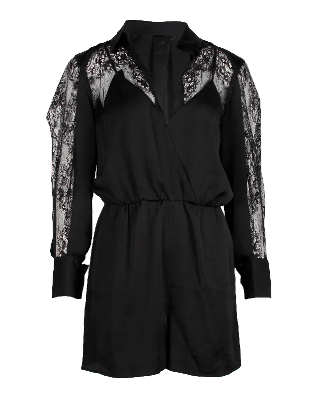 Maje Ines Lace-Paneled Playsuit in Black Polyester