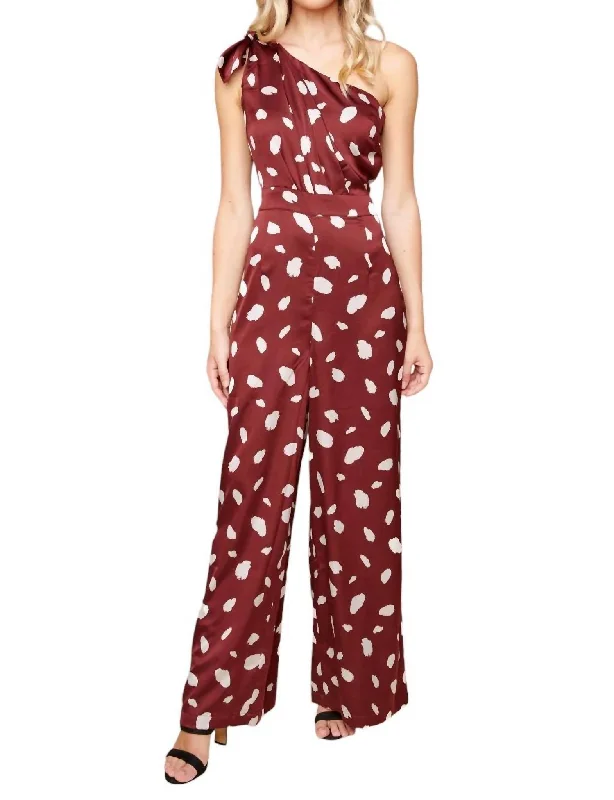 Sabine Abstract Dot Satin One Shoulder Jumpsuit In Burgundy-White