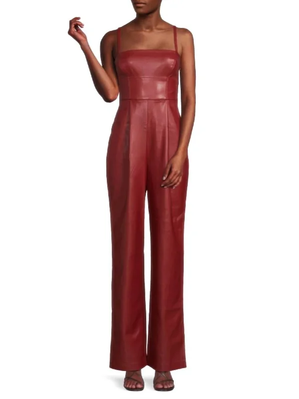 Sleeveless Faux Leather Jumpsuit In Berries