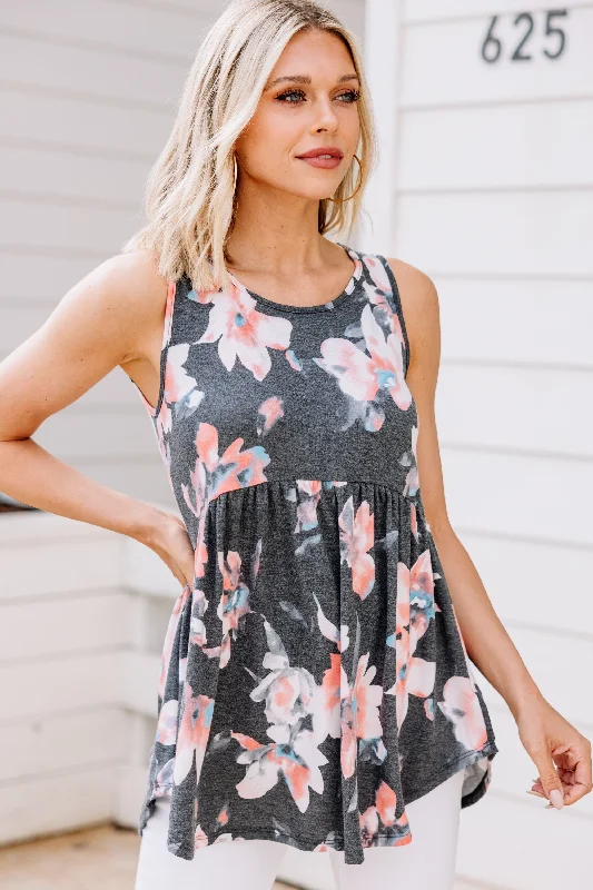 What A Lovely Life Charcoal Gray Floral Tank