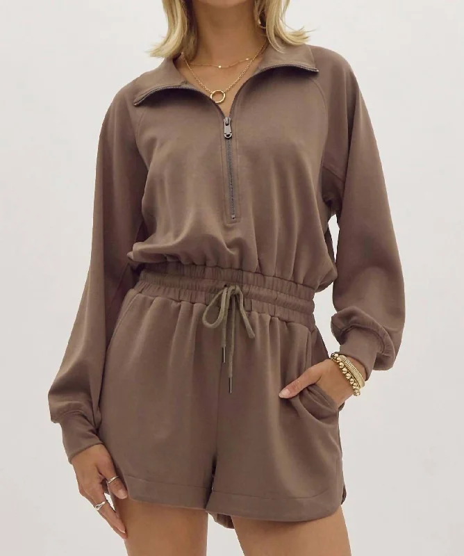 Zip Collar Drawstring Waist Romper In Mocha